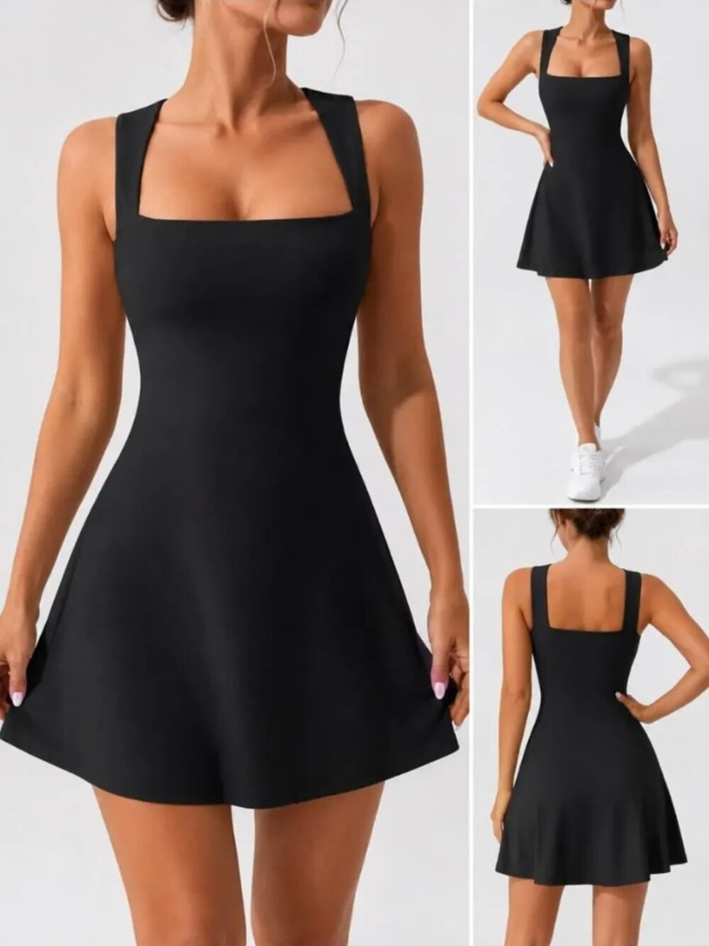 Square Neck Bodice Flare Mini Dress | Black | Size 10